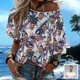Custom Husband Face Coconut Tree Slouchy Shirt Off Shoulder Personalized Slouchy Scoop Neck Tee Women's Mid Sleeve Straight Neck T-shirt