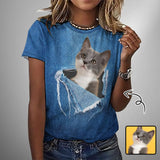 Custom Pet Cat Photo Hole Blue Classic Women's T-shirt Personalized Women's All Over Print T-shirt