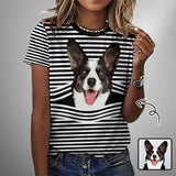 Custom Pet Dog Face Black White Stripes Classic Women's T-shirt Personalized Women's All Over Print T-shirt