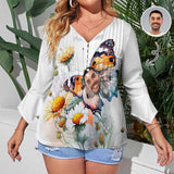 Plus Size Custom Face Butterfly Flowers Women's Shirt Button 3/4 Length Sleeve Casual Blouse Personalized Women's Ruffled Petal Sleeve Top
