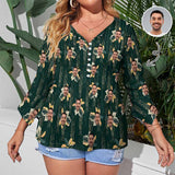 Plus Size Custom Face Green Flowers Women's Shirt Button 3/4 Length Sleeve Casual Blouse Personalized Women's Ruffled Petal Sleeve Top