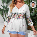 Plus Size Custom Face White Flowers Women's Shirt Button 3/4 Length Sleeve Casual Blouse Personalized Women's Ruffled Petal Sleeve Top