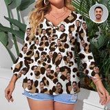 Plus Size Custom Face White Leopard Print Women's Shirt Button 3/4 Length Sleeve Casual Blouse Personalized Women's Ruffled Petal Sleeve Top