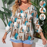 Plus Size Custom Photo Stitching Women's Shirt Button 3/4 Length Sleeve Casual Blouse Personalized Women's Ruffled Petal Sleeve Top