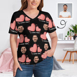 #Plus Size T-shirt-Custom Face Pink Love Plus Size V Neck T-shirt for Her Print Your Own Face on Shirt