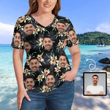 #Plus Size T-shirt-Custom Face Tropical Leaves Plus Size V Neck T-shirt for Her Print Your Own Face on Shirt