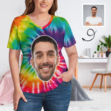 #Plus Size T-shirt-Custom Smile Face Tie Dye Plus Size V Neck T-shirt for Her Print Your Own Face on Shirt