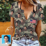 Custom Face Camouflage American Flag Ring Hole Short Sleeve V Neck T-shirt Personalized Women's All Over Print T-shirt Summer Tees Tops