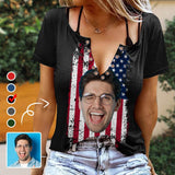 Custom Face Multicolor American Flag Ring Hole Short Sleeve V Neck T-shirt Personalized Women's All Over Print T-shirt Summer Tees Tops