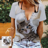 Custom Pet Photo Ring Hole Short Sleeve V Neck T-shirt Personalized Women's All Over Print T-shirt Summer Tees Tops