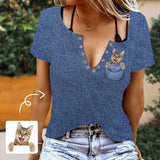 Custom Photo Denim Blue Ring Hole Short Sleeve V Neck T-shirt Personalized Women's All Over Print T-shirt Summer Tees Tops