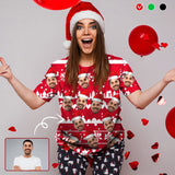 Custom Face Tee Christmas Red Background Women's All Over Print T-shirt Design Your Own Shirts Gift for Xmas