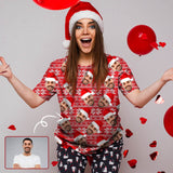 Custom Face Tee Red Background Christmas Hat Women's All Over Print T-shirt Design Your Own Shirts Gift for Christmas