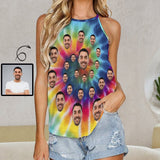 Women's Design Face Top Personalized Tie Dye Summer Halterneck Strapless Print Vest Shirt